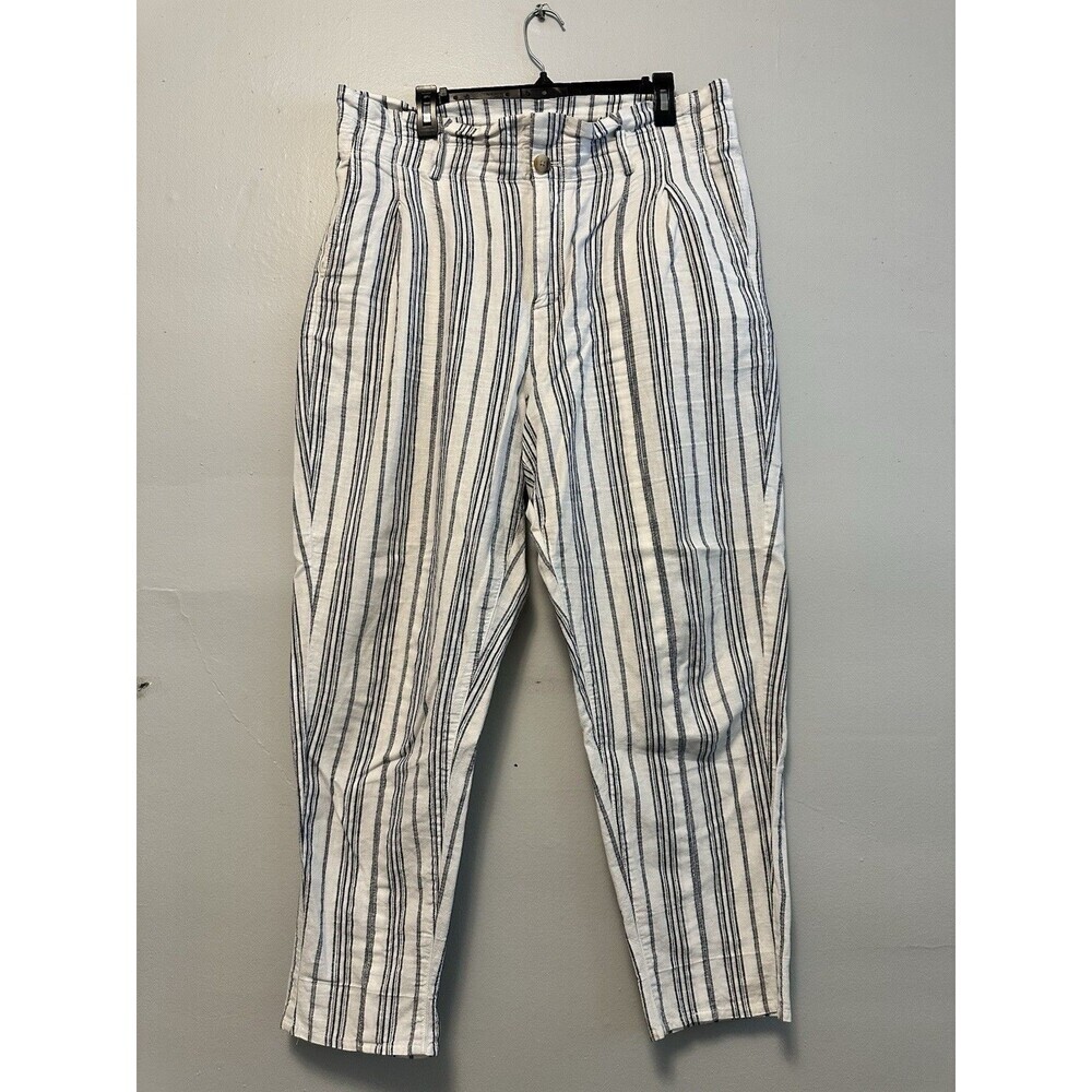 Madewell Linen Cotton Paperbag Pants White‎ Dark Baltic Stripe Elastic Waist 14